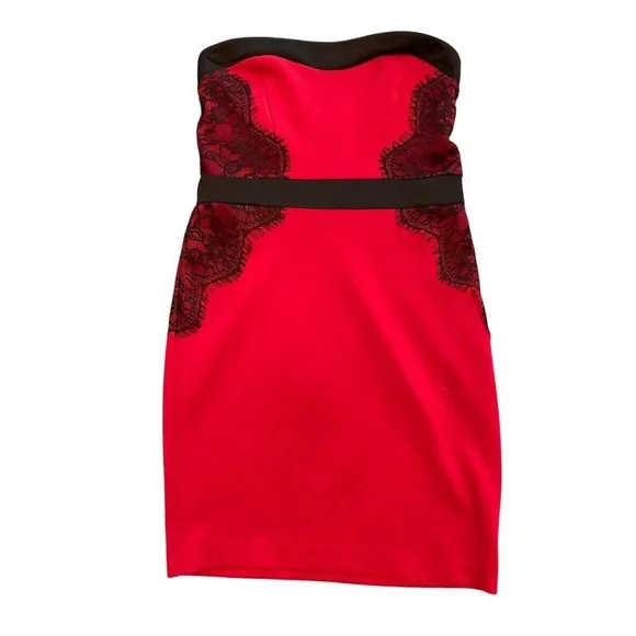 Frederick's of Hollywood | Dresses | Vintage Fredericks Of Hollywood Red  Satin Black Lace Mini Dress L Strapless | Poshmark
